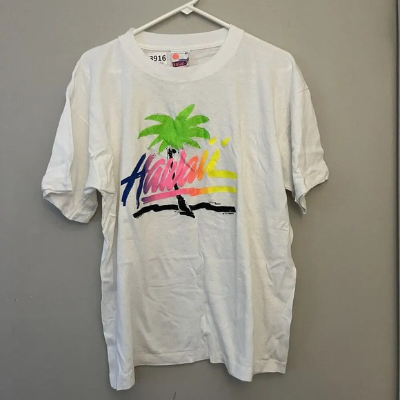 Vintage 80s Hawaii T Shirt Graphic Neon Palm Tree Single Stitch CA Solar T XL - Picture 2 of 8